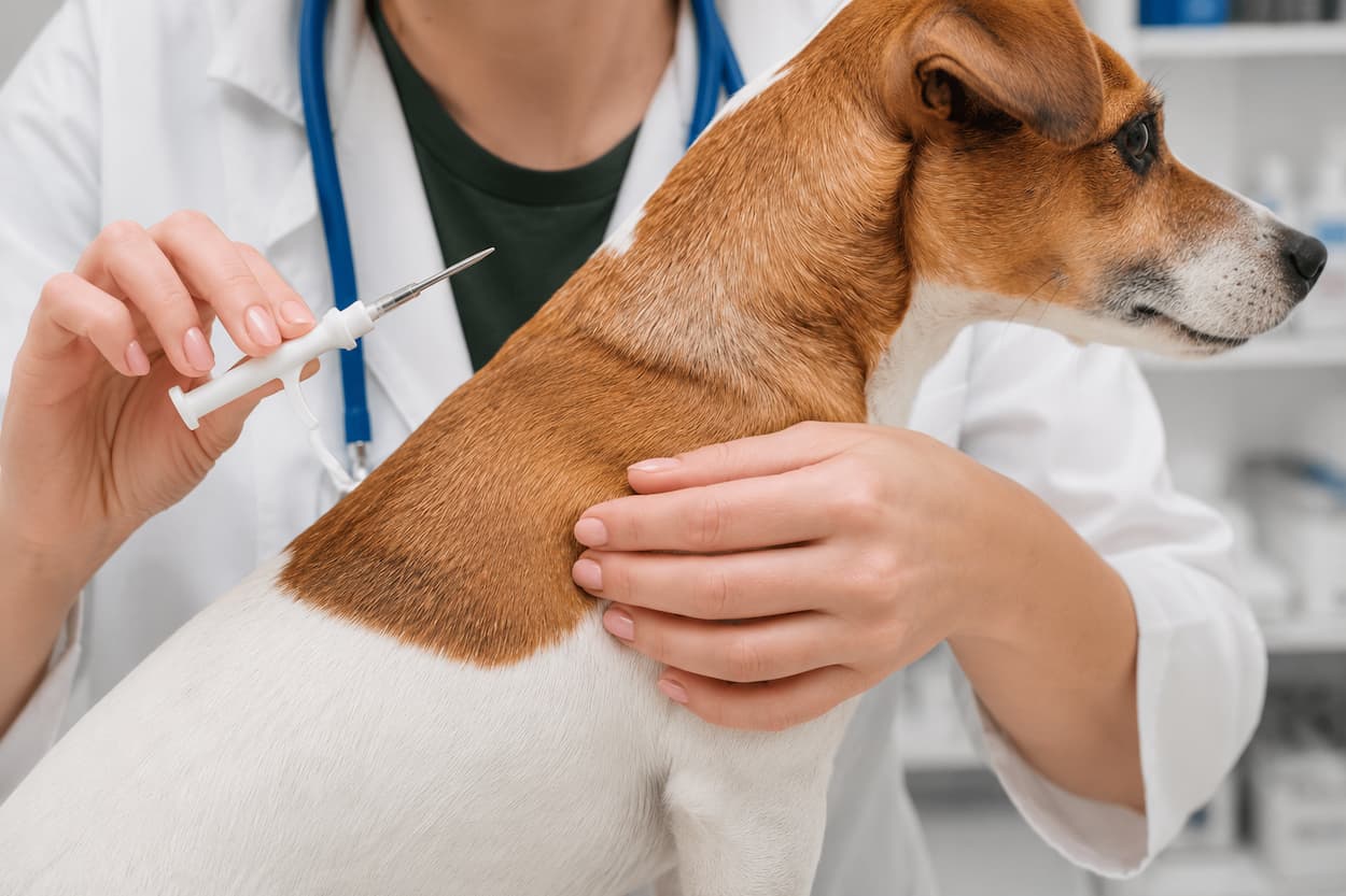 Veterinário aplicando microchip em filhote: identificação obrigatória para emissão de pedigree CBKC